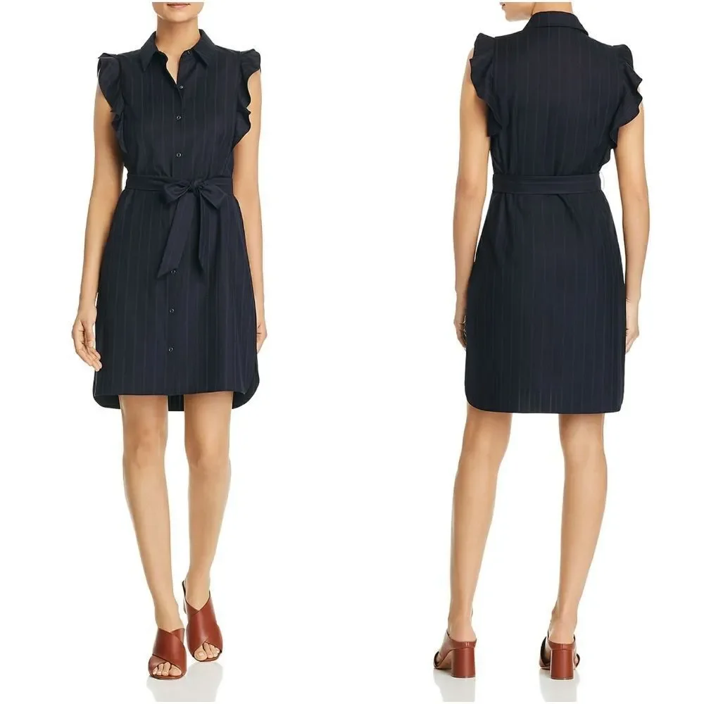 New! T TAHARI Women's Pinstripe Belted Ruffle Shirt Dress Size 14 Navy Blue